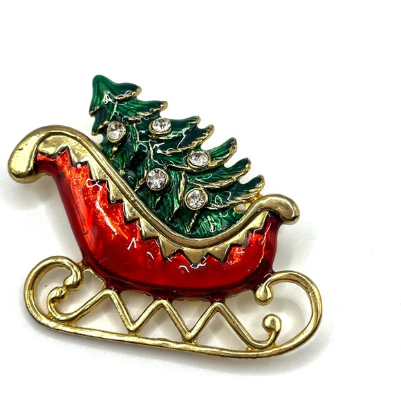 Festive Red and Green Poinsettias and Red Sled Christmas Tree Brooches - Picture 3 of 9